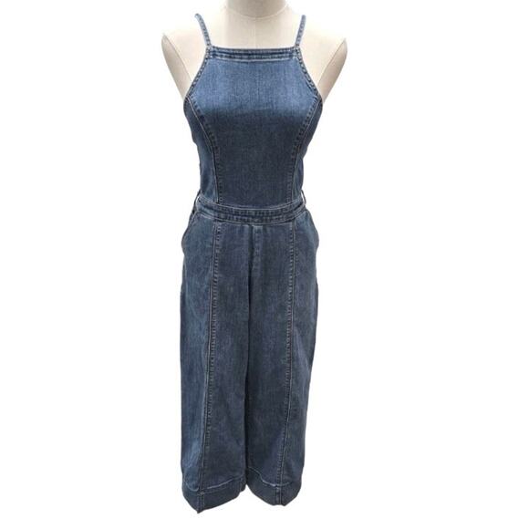 Hollister Womens Stretch Denim Wide-Leg Cropped Jumpsuit Sz S Smocked Pockets - Picture 1 of 11
